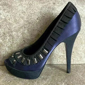 Tory Burch Peep Toe Metal Studs Black & Navy Blue Women’s Size 6.5